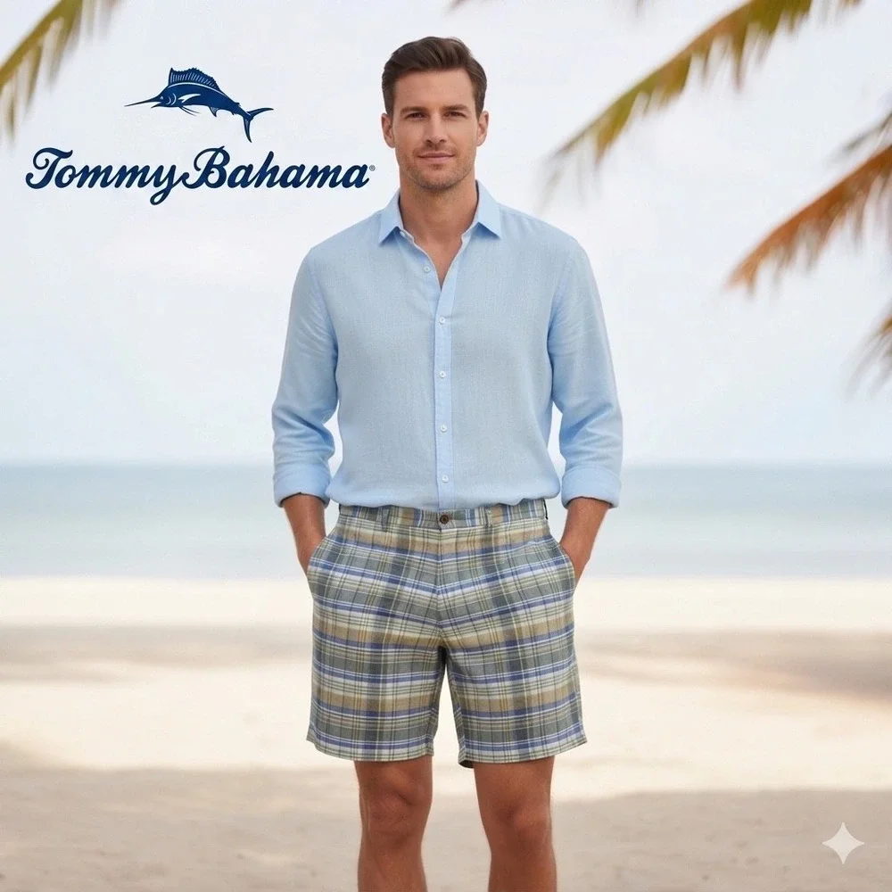 Tommy Bahama Men Blue Brown Plaid Linen Blend Casual Golf Summer Beach‎ Sz 42